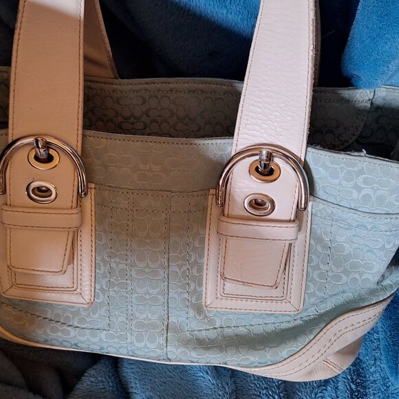 Vintage Coach Tote Purse blue and cream - Picture 2 of 2